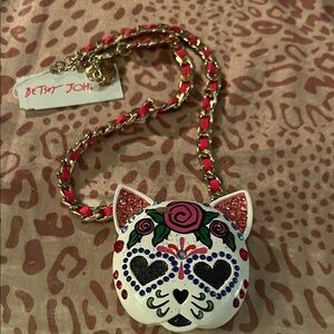 Betsey Johnson Sugar Skull Cat Necklace with Pink and White